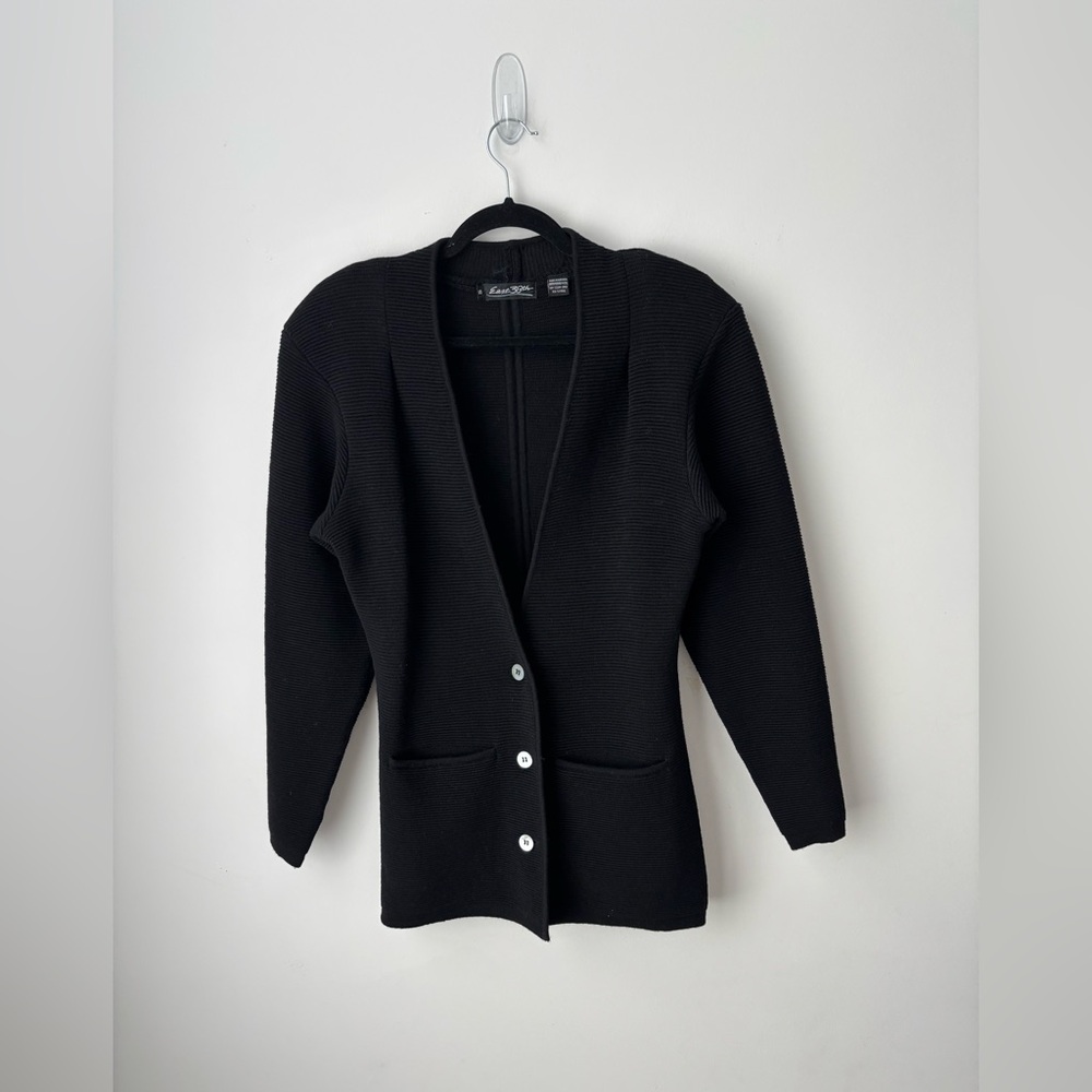 Vintage 100% Wool Ribbed Knit Blazer Cardigan Tailored Fit Black Size S